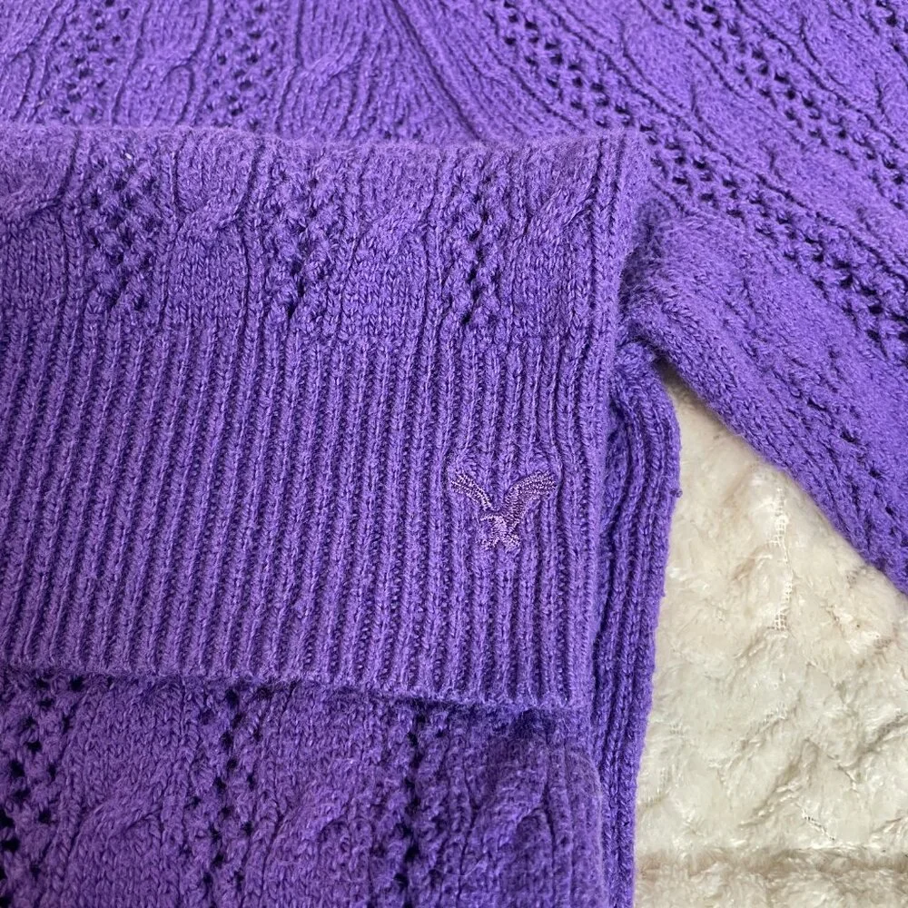 American Eagle Outfitters Y2K Style Purple Cable Knit 3/4 Sleeve Skinny Sweater - Picture 10 of 10
